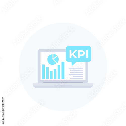 KPI vector icon with laptop and business analytics, key performance indicator