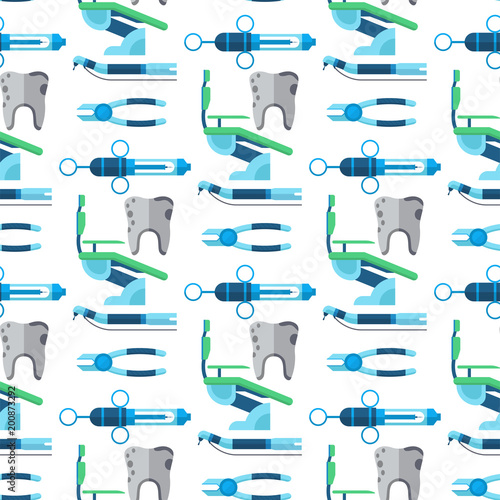 Dentist medical tools health care medicine instrument stomatology implantation clinic seamless pattern background vector illustration.