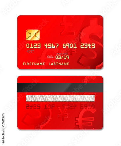 Red realistic credit card from both sides isolated