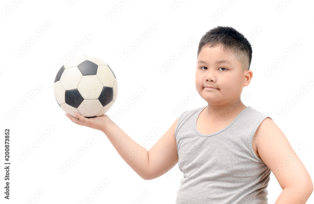 Obese fat boy holding football isolated