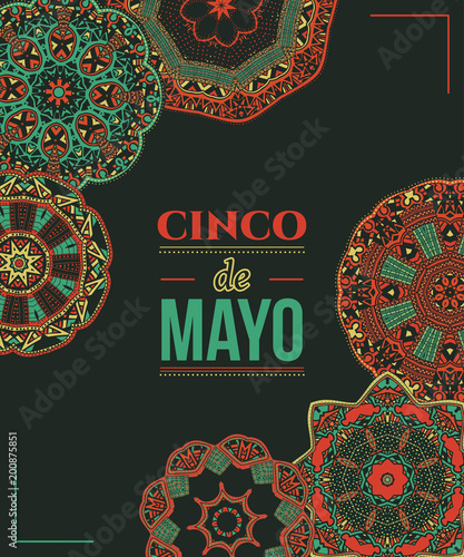 Beautiful greeting card, invitation for Cinco de Mayo festival. Design concept for Mexican fiesta holiday with ornate mandala. Vector illustration