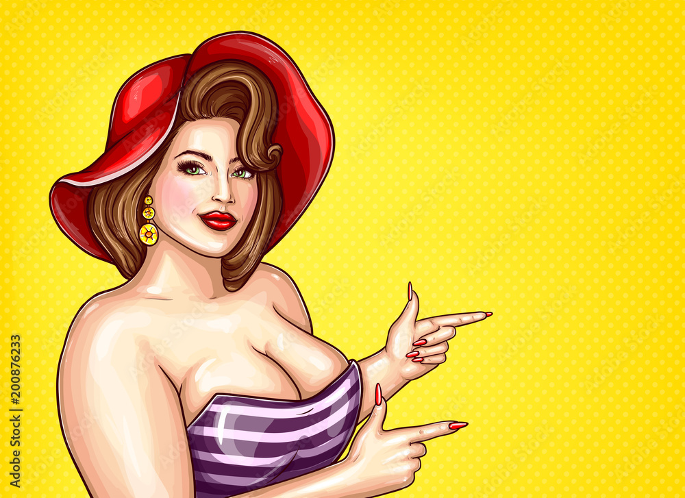 Vector brunette overweight woman in striped blouse, red hat on yellow  dotted background, pop art plus size model with big breast pointing a  finger at discounts, sale. Fashion illustration Stock Vector