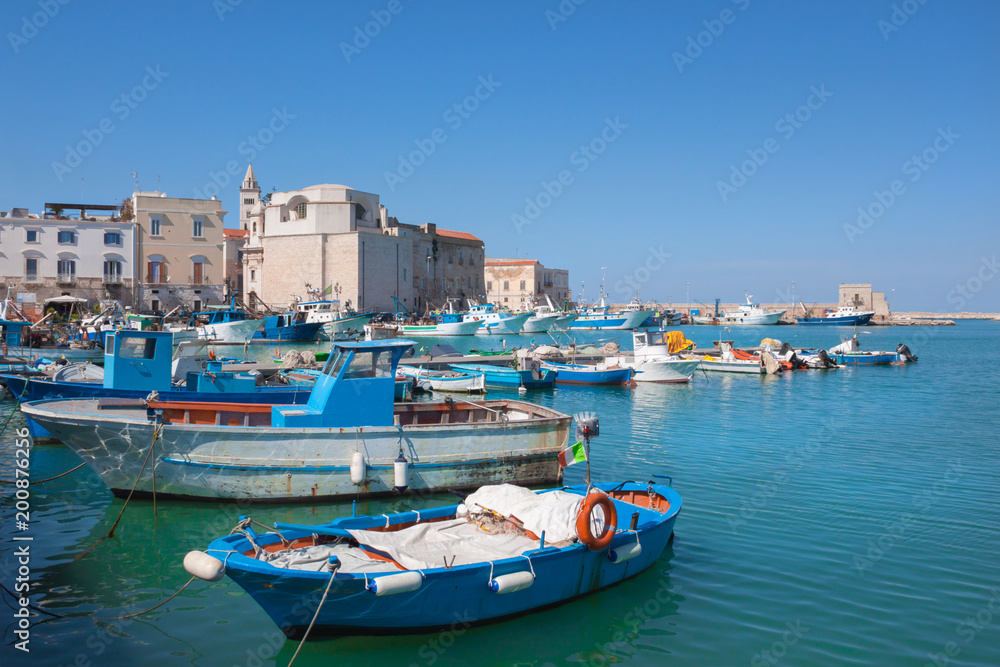 Old fishing boats parked in the italian city port