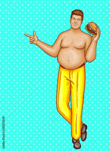 Vector pop art naked fat man with hamburger in hand, points with finger on discount, sale. Obese handsome character in yellow trousers, brown shoes. Fatty nude human isolated on blue dotted background
