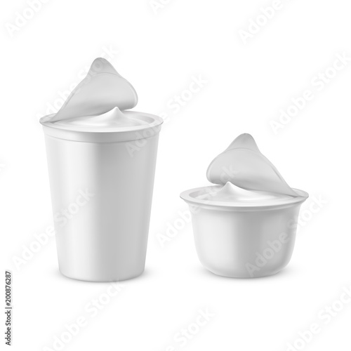 Vector 3d realistic plastic packages with yogurt. Dairy sour cream with foil lid, cap. Mockup of farm product isolated on white background. Elements for ad poster, promo banner of food