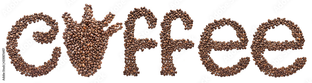 Word coffee beans isolated background. text Heart organ instead of the letter O Word coffee beans isolated background. text Heart organ instead of the letter O