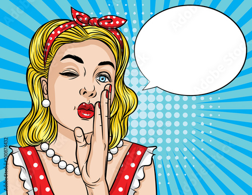 Vector retro illustration of pop art comic style emotional woman trying to tell secret message. Beautiful lady keeping hand near her mouth