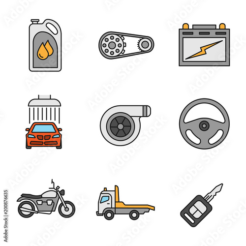 Auto workshop color icons set