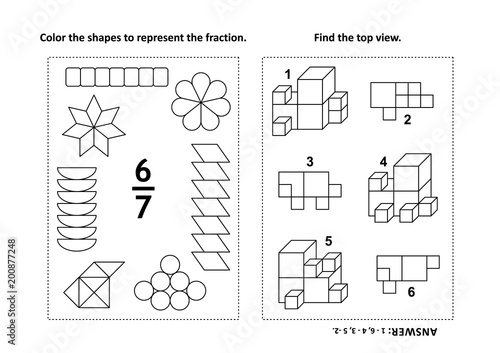 Two visual math puzzles and coloring pages. Color the shapes to represent the fraction. Find the top view. Black and white. Answers included.
