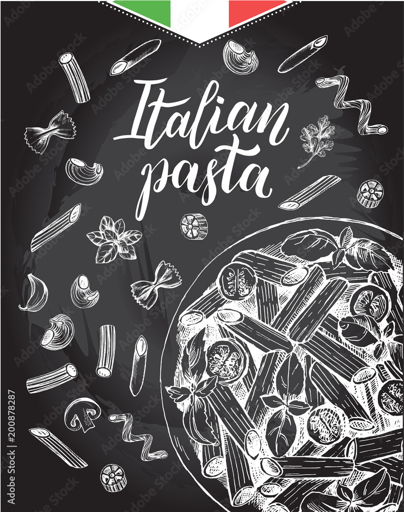 Penne pasta with cherry tomatoes and basil. Dish of Italian cuisine. Ink  hand drawn background with brush calligraphy style lettering. Vector  illustration. Top view. Food elements, chalkboard style. Stock Vector |  Adobe