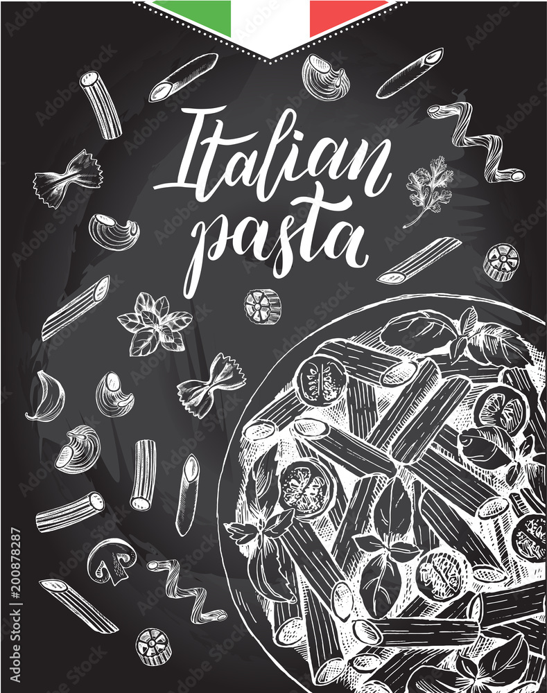 Obraz premium Penne pasta with cherry tomatoes and basil. Dish of Italian cuisine. Ink hand drawn background with brush calligraphy style lettering. Vector illustration. Top view. Food elements, chalkboard style.