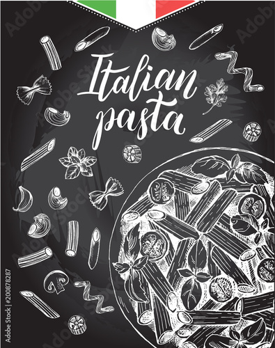 Penne pasta with cherry tomatoes and basil. Dish of Italian cuisine. Ink hand drawn background with brush calligraphy style lettering. Vector illustration. Top view. Food elements, chalkboard style.