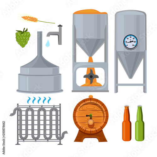 Equipment for the brewery. Pictures in cartoon style