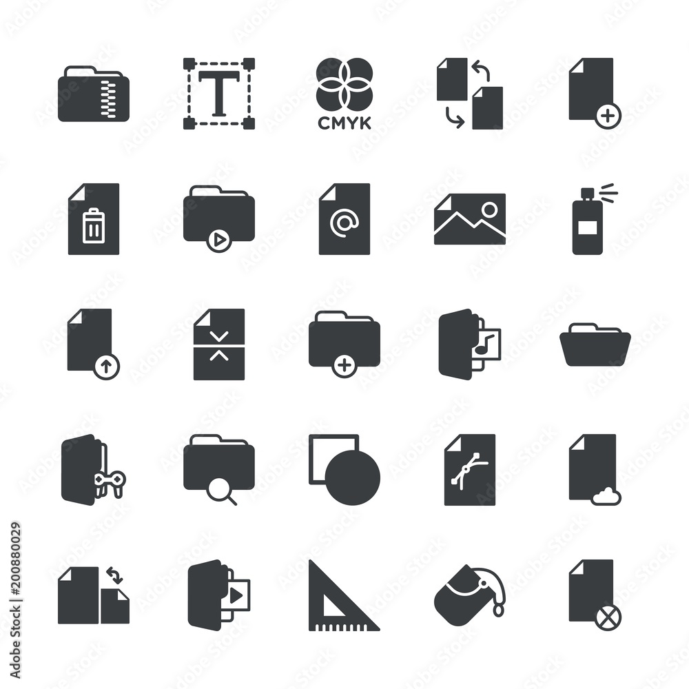 Modern Simple Set of folder, files, design Vector fill Icons. ..Contains such Icons as  web, mail,  palette,  divider,  colorful,  block and more on white background. Fully Editable. Pixel Perfect.
