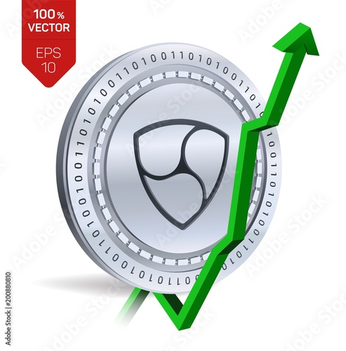 Nem. Growth. Green arrow up. Nem index rating go up on exchange market. Crypto currency. 3D isometric Physical Silver coin isolated on white background. Vector illustration.