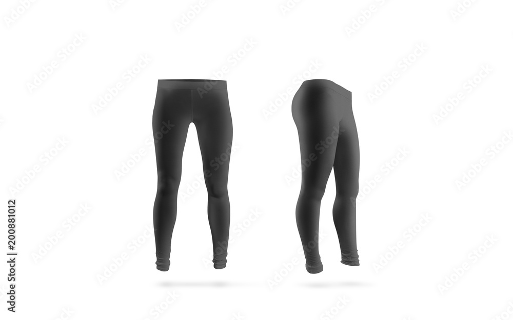 Fotografia do Stock: Blank black leggings mockup, front and side view,  isolated. Women grey leggins template. Cloth pants design presentation.  Sport pantaloons stretch tights model wearing. | Adobe Stock