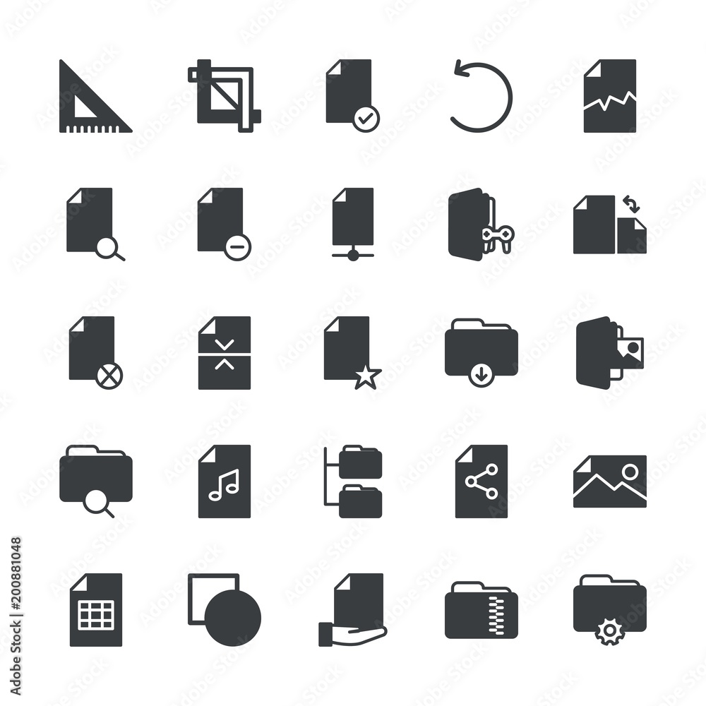 Modern Simple Set of folder, files, design Vector fill Icons. ..Contains such Icons as  file,  measurement,  template, sheet,  corrupt and more on white background. Fully Editable. Pixel Perfect.