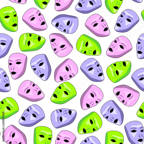 Seamless pattern with pink, green, and purple alien face masks. Halloween illustration. White background.