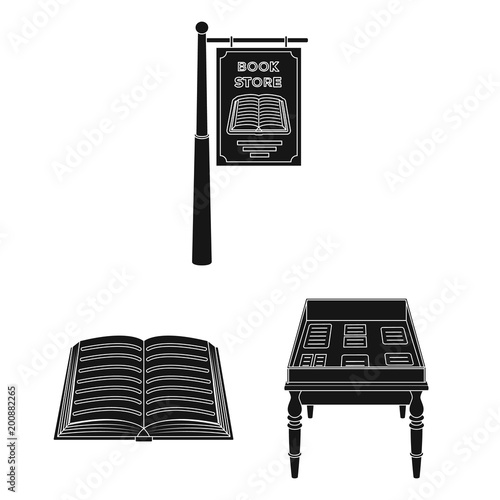 Library and bookstore black icons in set collection for design. Books and furnishings vector symbol stock web illustration.