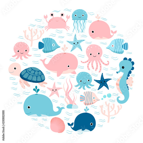 Vector group of sea animals and underwater creatures in circle shape for greeting cards, backgrounds and children designs