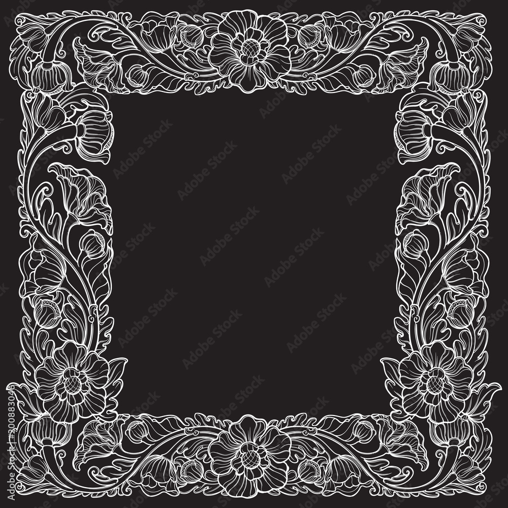 Obraz premium Lotus flowers arranged in intricate square frame. Popular decorative motif in South-Eastern Asia. Tattoo design. Linear drawing isolated on black background. EPS10 vector illustration