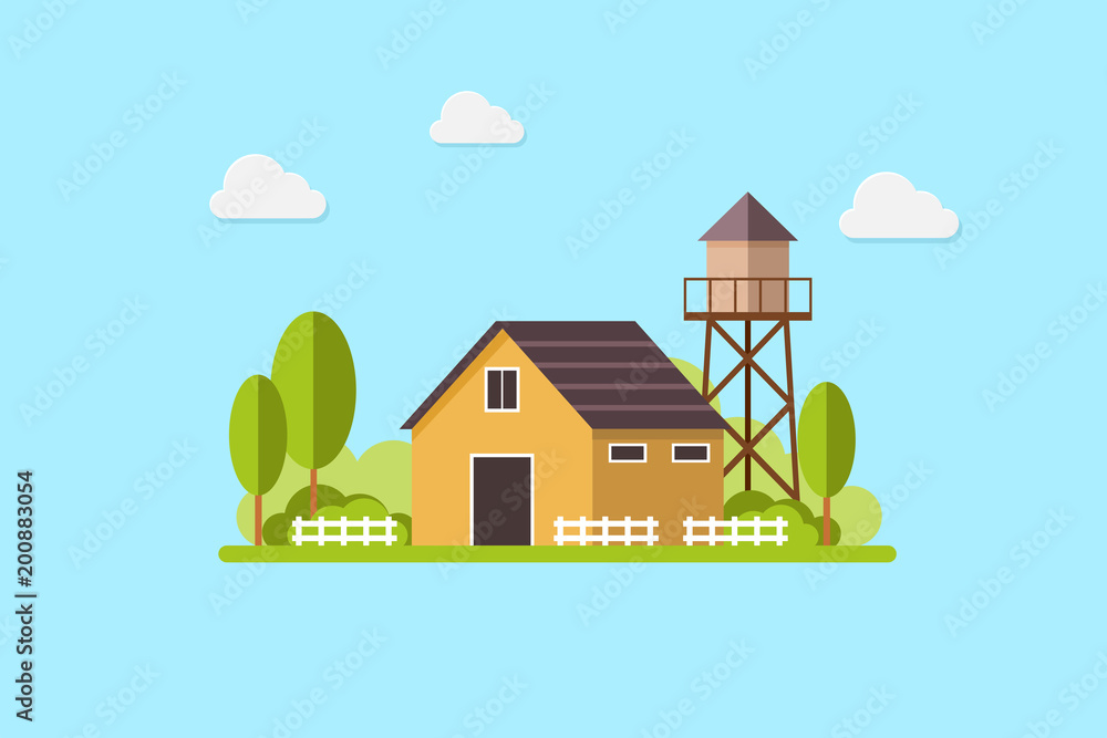 Cute residential country house and water tank, country landscape, trendy flat style vector design template Cute residential country house and water tank, country landscape, trendy flat style vector design template