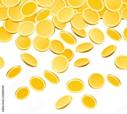 Falling golden coins. Gold coin money fall isolated on white background, dollars or pennies rain vector illustration