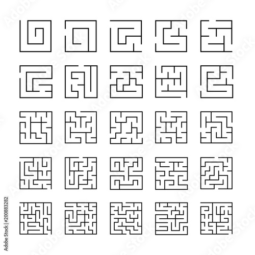 Set of outlined maze icons with different difficulty