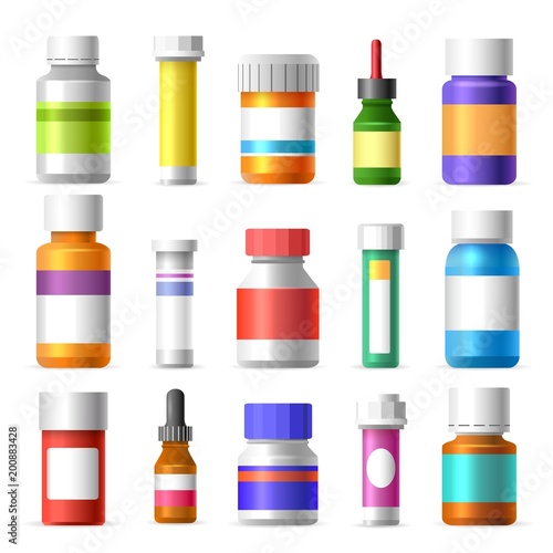 Medicine bottles. Bottles with pills vector illustration, medication container set isolated on white background
