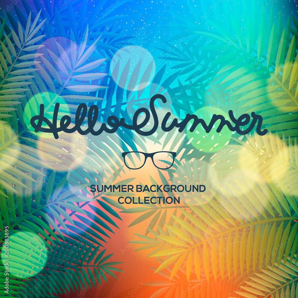 Fototapeta Hello Summer lettering typography on blurred sunset with bokeh lights, vector illustration
