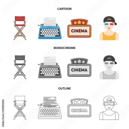 Chair of the director, typewriter, cinematographic signboard, film-man. Films and cinema set collection icons in cartoon,outline,monochrome style vector symbol stock illustration web.