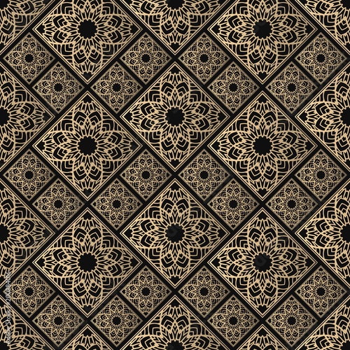 Seamless pattern oriental ornament. Black and golden textile print. Islamic vector design. Floral tiles.