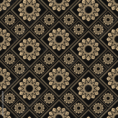 Seamless pattern oriental ornament. Black and golden textile print. Islamic vector design. Floral tiles.