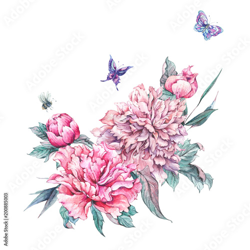 Naklejka Akwarela różowe kwiaty kwitnące piwonie