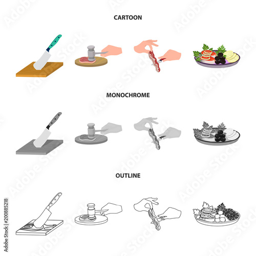 Cutlass on a cutting board, hammer for chops, cooking bacon, eating fish and vegetables. Eating and cooking set collection icons in cartoon,outline,monochrome style vector symbol stock illustration