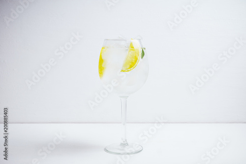 Gin with lemon slice and ice in wine glass. Selective focus.