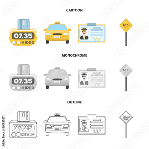 The counter of the fare in the taxi, the taxi car, the driver badge, the parking lot of the car. Taxi set collection icons in cartoon,outline,monochrome style vector symbol stock illustration web.