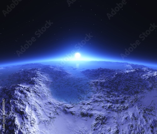 Fototapeta Naklejka Na Ścianę i Meble -  sunrise over the planet, sunrise over the icy moon,
3D rendering