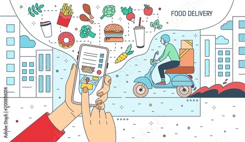 Modern banner with hands holding smartphone with food delivery service application or website on screen, meals, products and courier boy riding scooter. Colorful vector illustration in line art style.