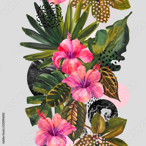 Watercolor tropical flowers on geometric background.