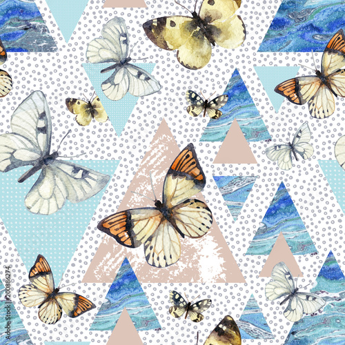 Watercolor triangles with butterfly and marble grunge textures