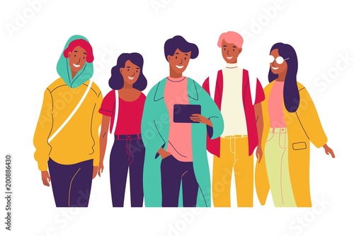 Happy friends watching video together. Group of young smiling men and women dressed in trendy clothes looking at tablet pc screen. Bright colored vector illustration in modern flat cartoon style.