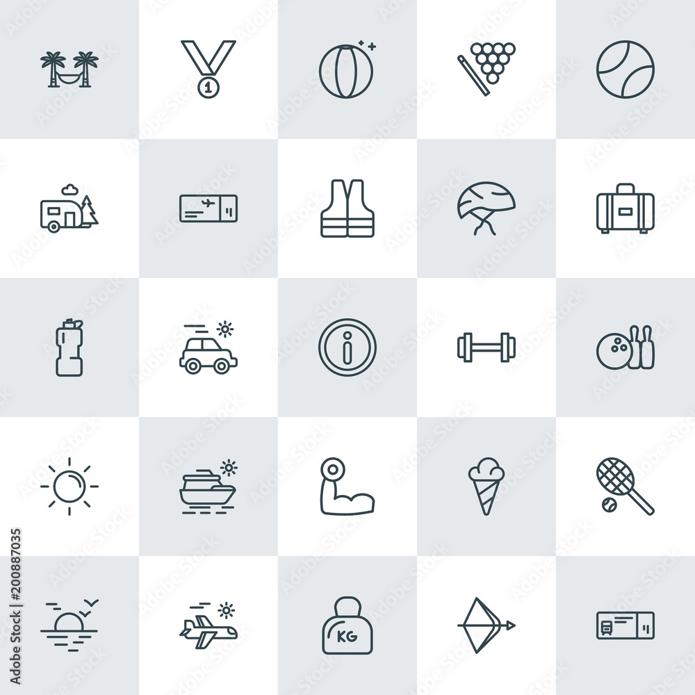 Modern Simple Set of sports, travel Vector outline Icons. ..Contains such Icons as  sea, tennis,  ticket,  dessert,  hammock,  weapon, bow and more on white background. Fully Editable. Pixel Perfect.