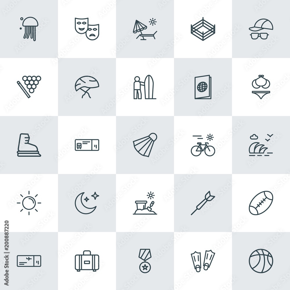 Modern Simple Set of sports, travel Vector outline Icons. ..Contains such Icons as  dart,  chair,  black, sport,  suitcase,  white,  ragby and more on white background. Fully Editable. Pixel Perfect.