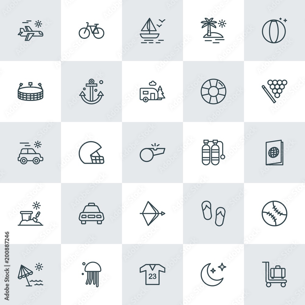 Modern Simple Set of sports, travel Vector outline Icons. ..Contains such Icons as boat,  sport, umbrella,  trolley,  fashion,  wheel,  sky and more on white background. Fully Editable. Pixel Perfect.