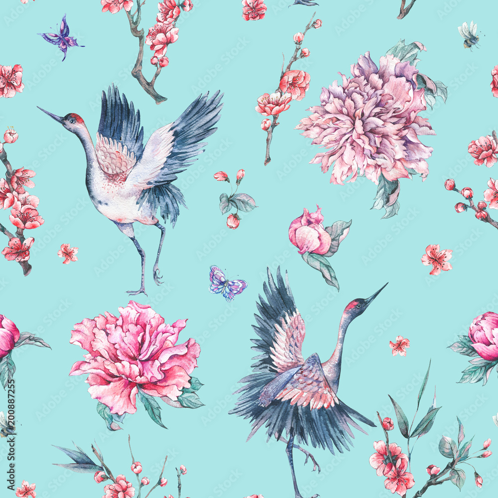 Watercolor seamless pattern with crane, blooming branches, peoni