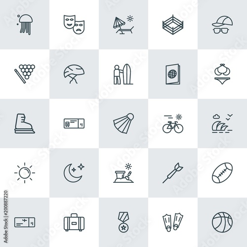 Modern Simple Set of sports, travel Vector outline Icons. ..Contains such Icons as  dart,  chair,  black, sport,  suitcase,  white,  ragby and more on white background. Fully Editable. Pixel Perfect.