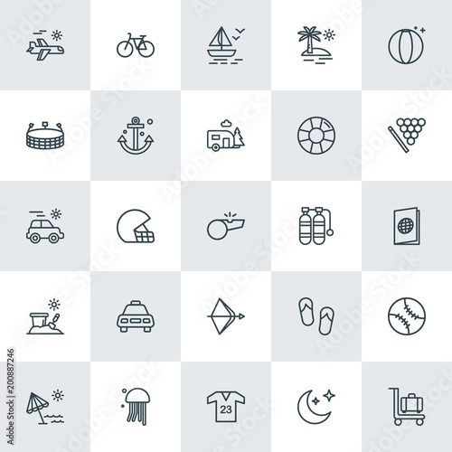 Modern Simple Set of sports, travel Vector outline Icons. ..Contains such Icons as boat,  sport, umbrella,  trolley,  fashion,  wheel,  sky and more on white background. Fully Editable. Pixel Perfect.