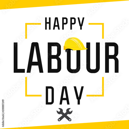 Happy Labour Day, lettering 1st may with yellow helmet and wrenches. Labour Day banner vector background. International Workers day illustration for greeting card