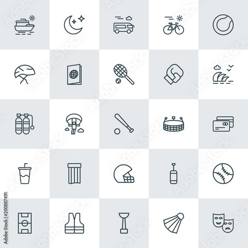 Modern Simple Set of sports, travel Vector outline Icons. ..Contains such Icons as  paragliding, baseball,  game,  football,  safety,  ring and more on white background. Fully Editable. Pixel Perfect.